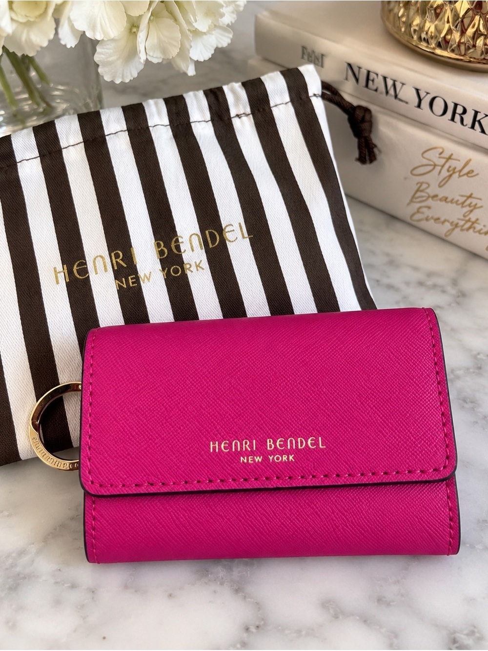 Henri Bendel Hot Pink Mini Wallet with Gold Logo